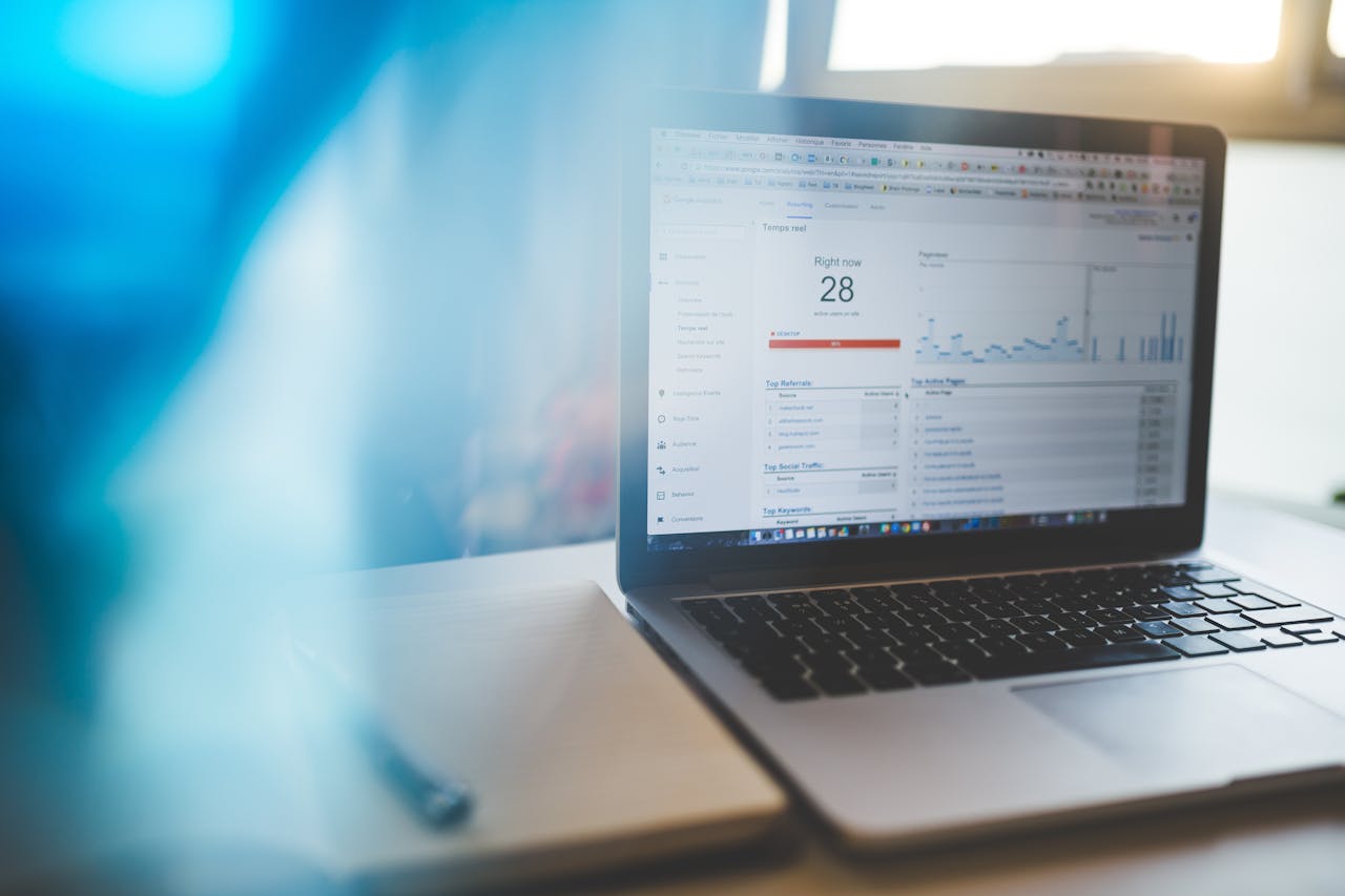 why-choose-us Laptop displaying Google Analytics in a modern workspace, highlighting digital analytics and technology.
